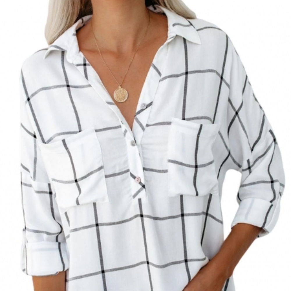 White with Black Checkered Half Button Blouse